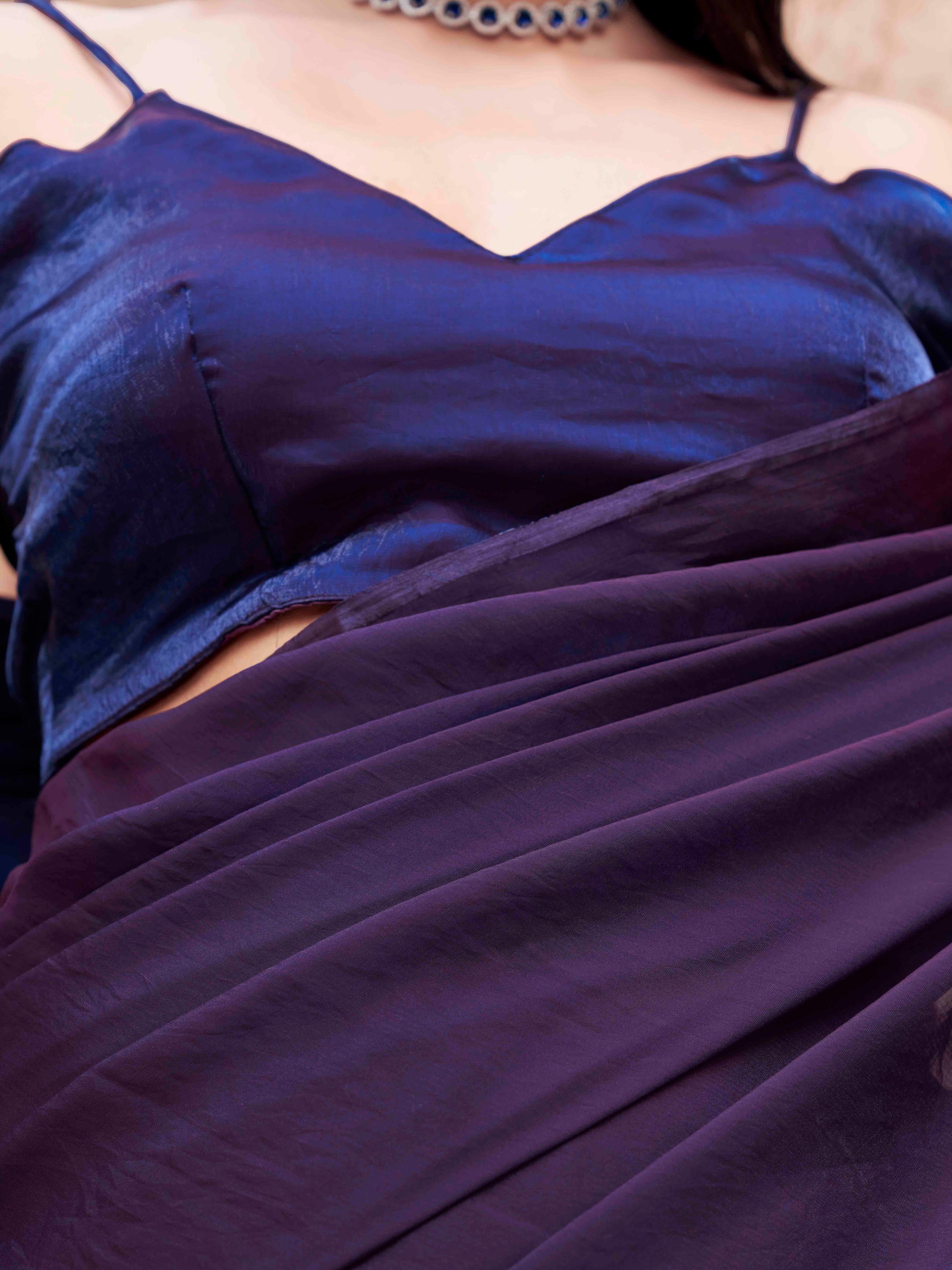 Two-way two-tone purple and blue colored  jimmychoo saree with tassels on pallu